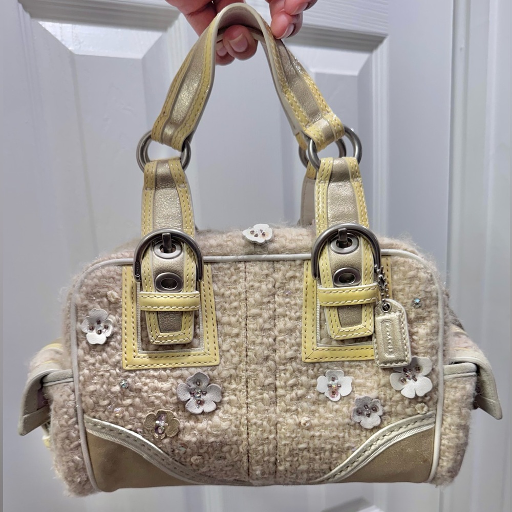 Coach Tweed Bouclé Mini Soho Rogue Boston Bag Cream/Butter